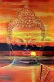 Lord Buddha in Meditation with Beautiful Sun and Lake Landscape Background Canvas Print