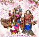 Hindu God Radha Krishna with Rose Petals Background Canvas Print