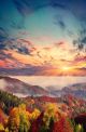 Colorful Autumn Sunset in the Foggy Mountains Canvas Print