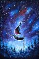 Beautiful Sea Ship is Flying Above Starry Sky Canvas Print